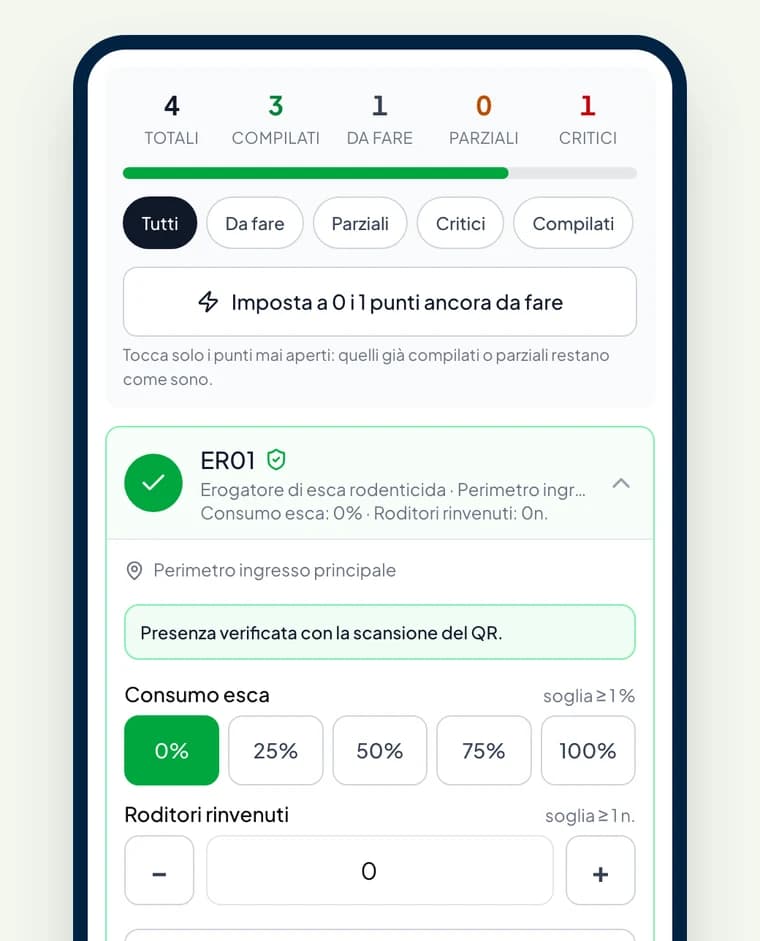 Il rapportino sul telefono del tecnico: i contatori dei punti da controllare, il pulsante che chiude in un tocco quelli senza attività, e la postazione ER01 con la presenza verificata dalla scansione del QR.