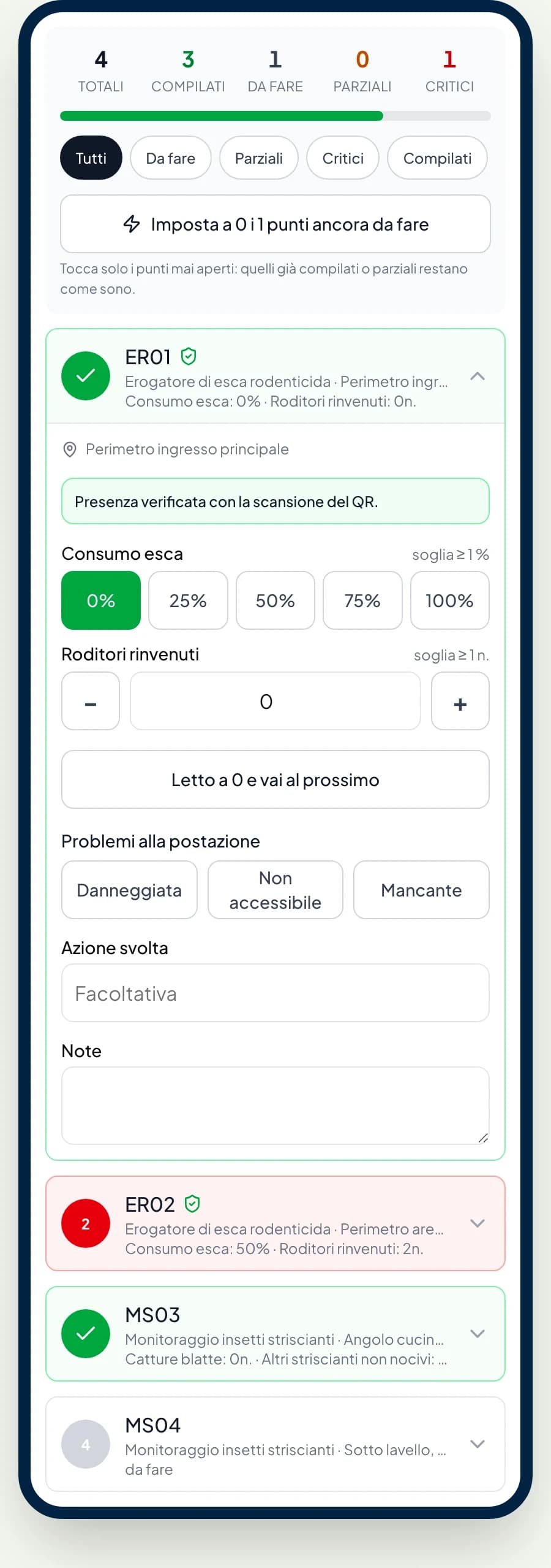 Schermata del rapportino su telefono: contatori dei punti totali, compilati, da fare, parziali e critici; il pulsante «Imposta a 0 i punti ancora da fare»; la postazione ER01 con presenza verificata dal QR, il consumo esca e le catture, ciascuno con la propria soglia.