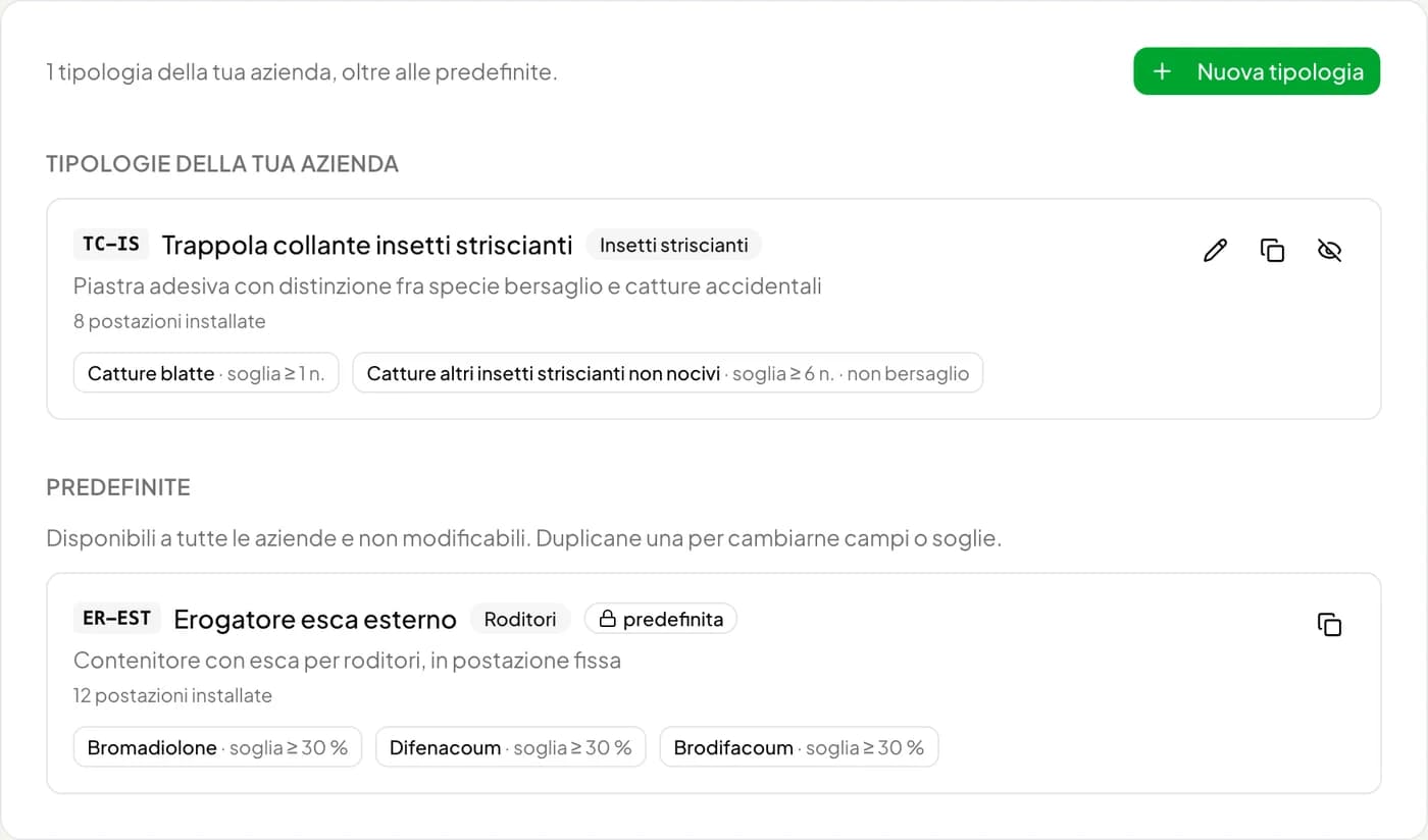 Schermata della configurazione delle tipologie di postazione: la trappola collante con soglia 1 per le catture di blatte e soglia 6 per gli altri insetti striscianti non nocivi; l’erogatore di esca con una soglia del 30% per bromadiolone, difenacoum e brodifacoum separatamente.